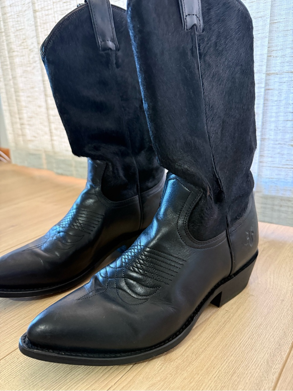 Frye Black Leather Cowboy Boots with Hair-On Shaft